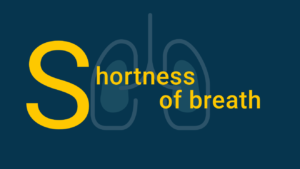 Shortness of breath in yellow text on blue background with unexpanded lungs icon, representing that shortness of breath is a symptom of aortic stenosis