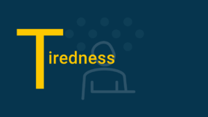 Tiredness in yellow text on blue background with tiredness icon, representing a symptom of aortic stenosis